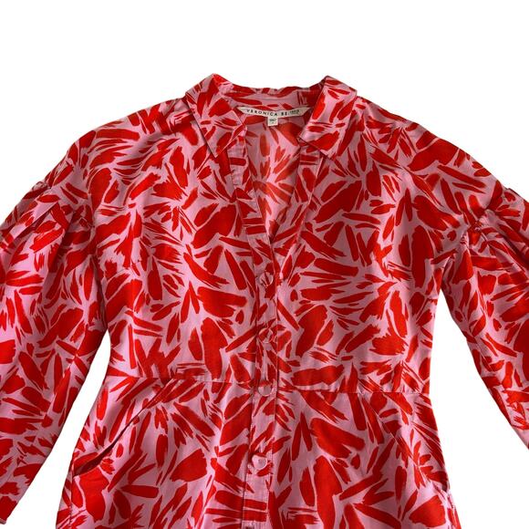 Veronica Beard Samy Red & Pink Poppy Floral Print Button Up Mini Shirt Dress 4 - Picture 4 of 12